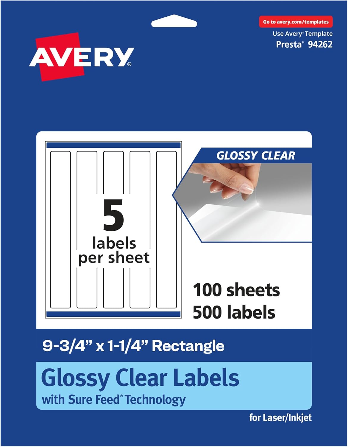 Avery Glossy Clear Rectangle Labels, Sure Feed Technology, 9.75" x 1.25", 500 Glossy Clear Labels, Print-to-The-Edge, Laser/Inkjet Printable
