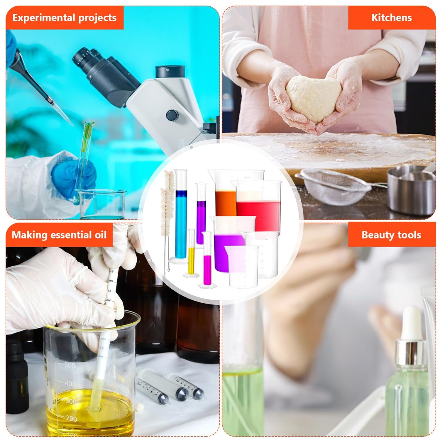 iplusmile 13pcs Graduated Cylinders and Beakers Set Liquid Measuring Tools with Test Tube Brushes for Lab Experiments Includes Graduated Cylinders and Beakers