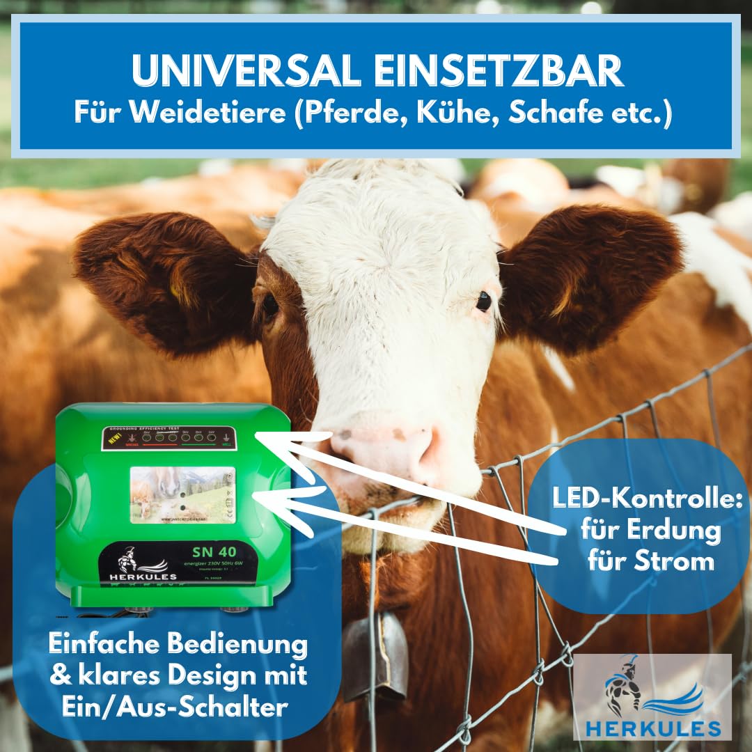 Herkules Weidezaungerät SN 40 - Starkes 230V Netzgerät - Elektrozaungerät für bis zu 25 km Zaun - Weidezaun Stromgerät mit 7500 V Leistung - Robustes Weidegerät für Rinder, Pferde, Schafe & Geflügel