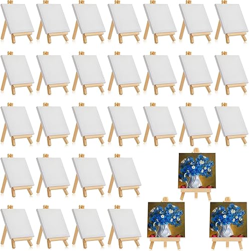 Mimorou Mini lienzos estirados pequeños con caballete para exhibición de madera, suministros de acuarela de aceite para verter agua (paquete de 32,