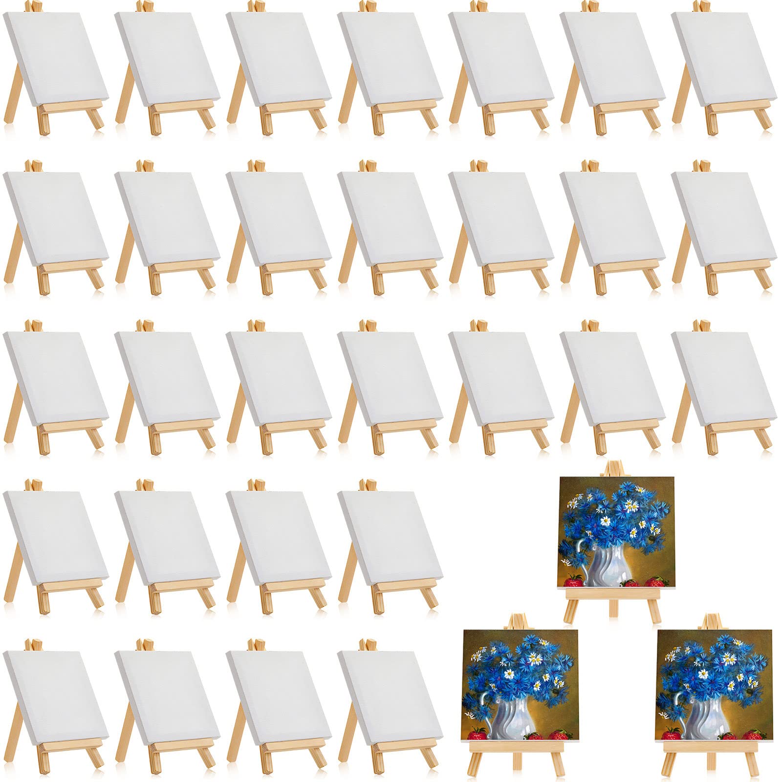 Mimorou Lot de 32 mini toiles tendues avec chevalet pour décoration sur bois, loisirs créatifs pour enfants, peinture acrylique, peinture à l'huile et à l'eau (12,7 x 12,7 cm)