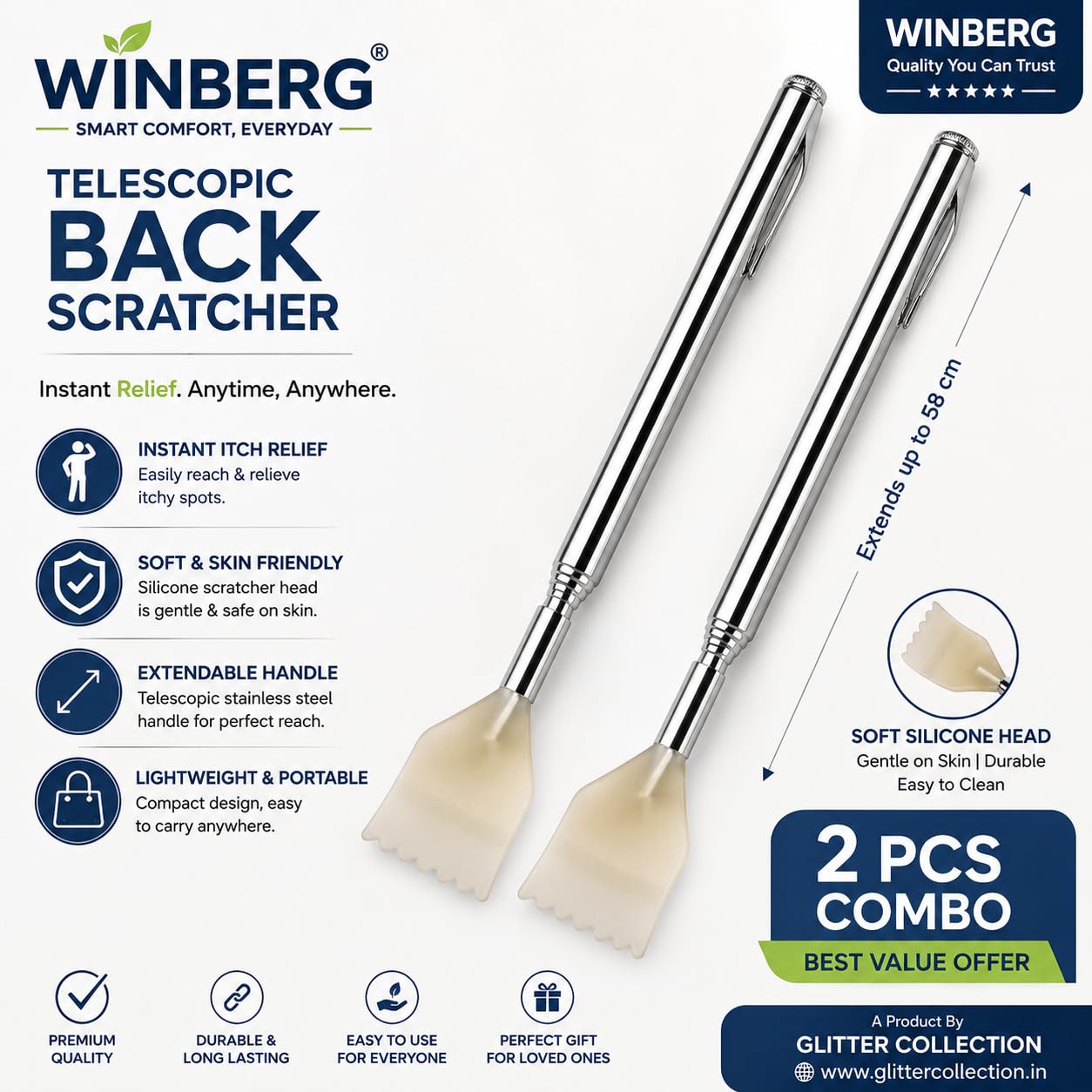 Winberg Telescopic Back Scratcher,Pack of 2 Extendable Steel Handle, Dual Head Design PENS 1