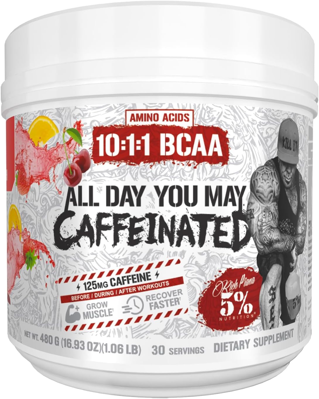 5% Nutrition Rich Piana AllDayYouMay Caffeinated BCAA Energy Powder | Premium Pre Workout Amino Energy & Electrolytes | Hydration, Endurance & Recovery | 16.08 oz, 25 Servings (Fruit Punch)