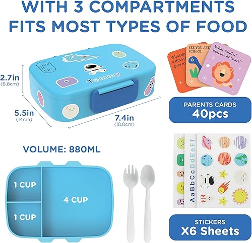 Miniatura 8 de Lonchera Bento para niños y niñas con juego de cubiertos, hojas de calcomanías (más de 5 años), caja de almuerzo de 3 compartimentos a prueba de