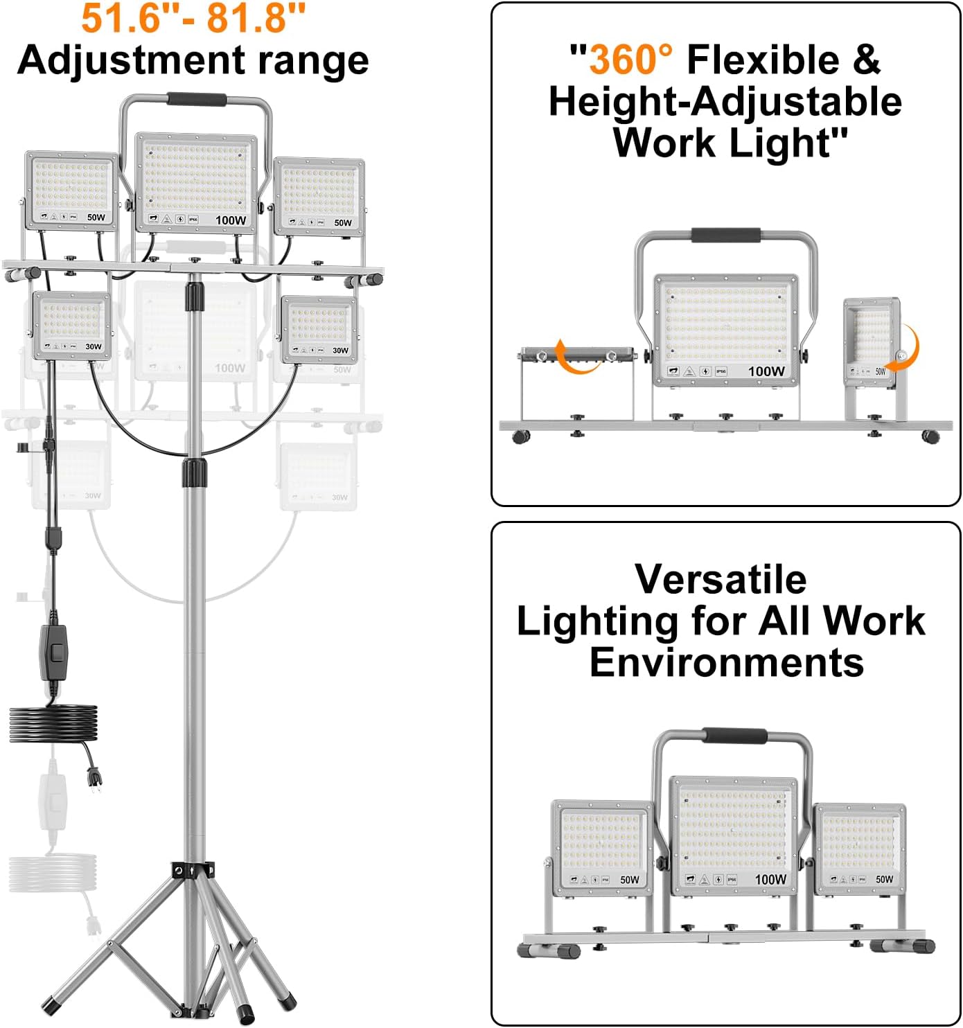 31000Lumen LED Work Light 260w with Tripod Stand Work Lights 5 Head Portable Work Light with Anti-Glare Lenses,19.7ft Power Cord, Height Adjustable, IP66 for Job Site, Garage, Outdoor Use - Image 7