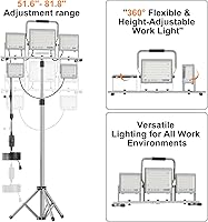 Vista 7 de 31000Lumen LED Work Light 260w with Tripod Stand Work Lights 5 Head Portable Work Light with Anti-Glare Lenses,19.7ft Power Cord, Height Adjustable