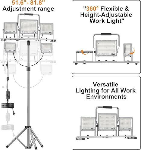 Miniatura 7 de Luz de trabajo LED de 31000 lúmenes de 260 W con soporte de trípode, luces de trabajo portátil de 5 cabezales con lentes antirreflejos, cable de