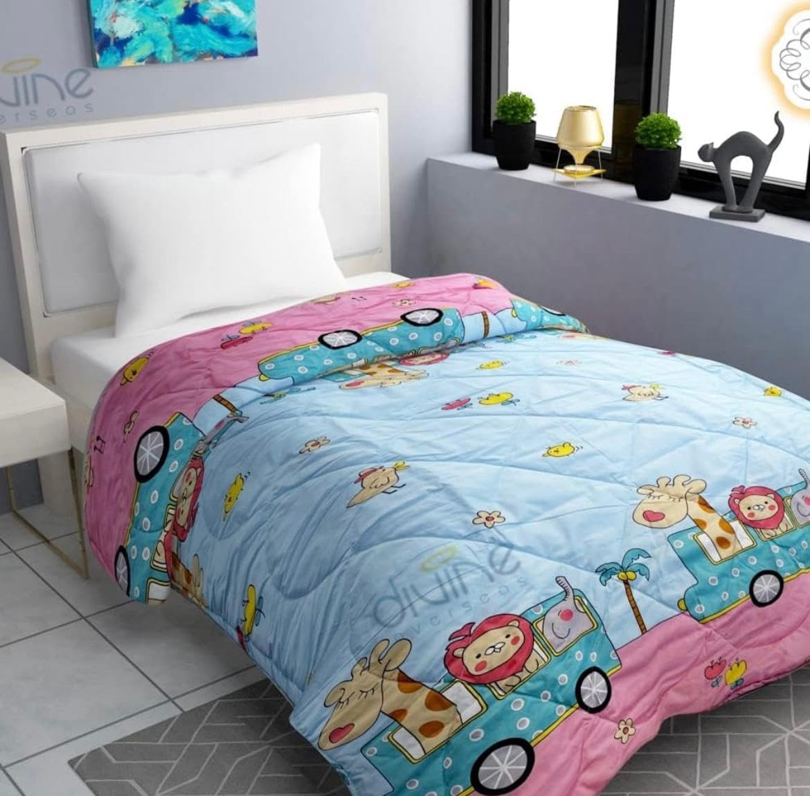 3-Piece Kids Bedding Set – Single Bed Comforter, Matching Bedsheet & Pillow Cover – for Children’s Room(90X60 inch)-(Pink/Blue) Bus Print-image-49