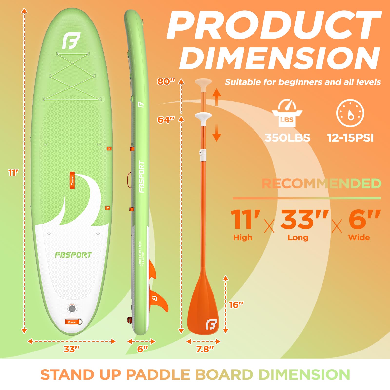 FBSPORT Tavola SUP Gonfiabile SUP 335CM per Adulti e Giovani, Stand Up Paddle Board Spessa 15 cm tavola da Surf tavola da SUP con Pagaia Regolabile, Zaino, Pompa & Pinna Rimovibile Surfboard