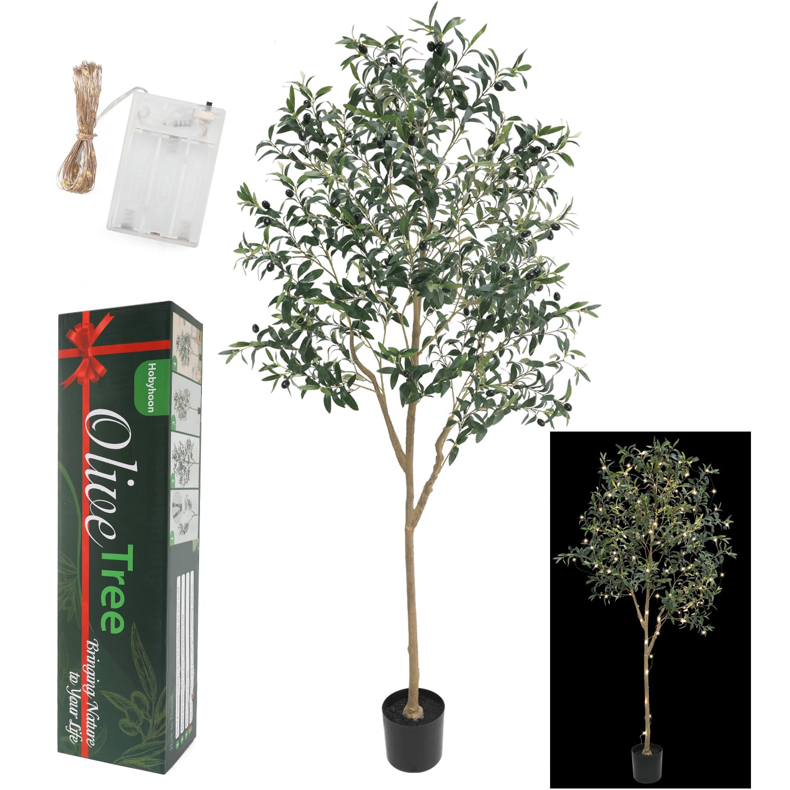 Photo 1 of 6FT Artificial Olive Tree (72") Tall, Faux Olive Tree Plants with Olive Branches and Fruits, Fake Potted Olive Silk Tree with LED String Lights for Modern Home Office Living Room Floor Decor Indoor Green-6ft