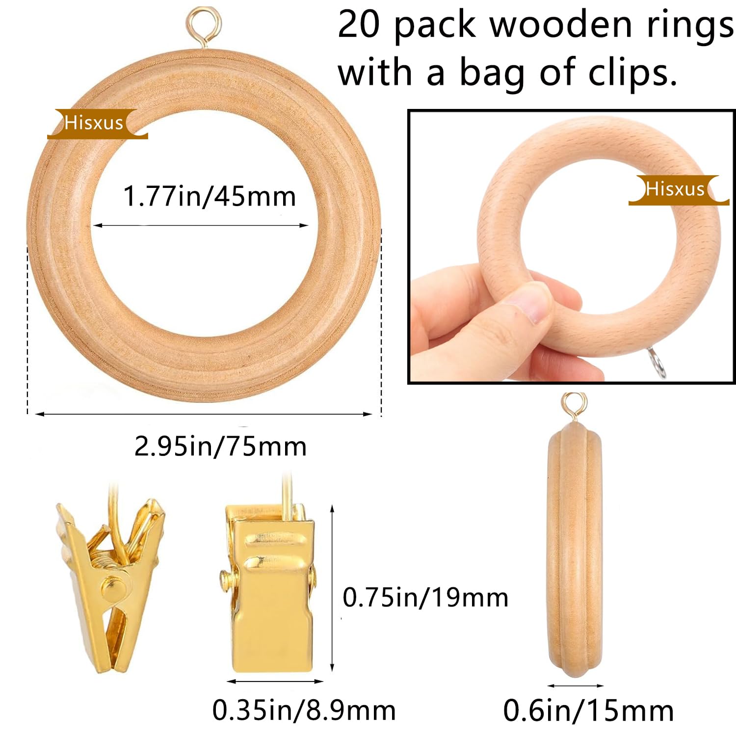 20 Pack Wooden Drapery Curtain Rod Rings with Clips 3 Inch Outer Diameter White Farmhouse Beech Wood Carved Drapes Rings 1.8 Inch Interior Diameter for 1-1.5 Inch Curtain Rod Pole (White)