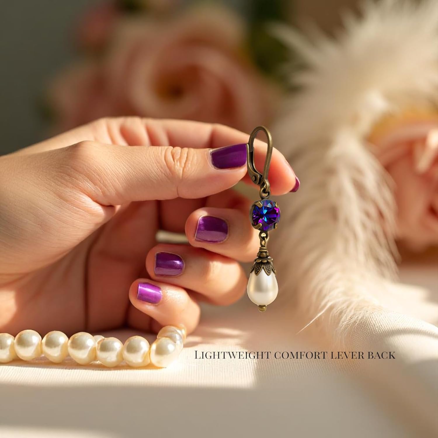 Vintage Lever back Earrings for Women Simulated Pearl Austrian Crystal Dangle Drop Victorian Antique Inspired - Jewelry Gift for Her - Image 4