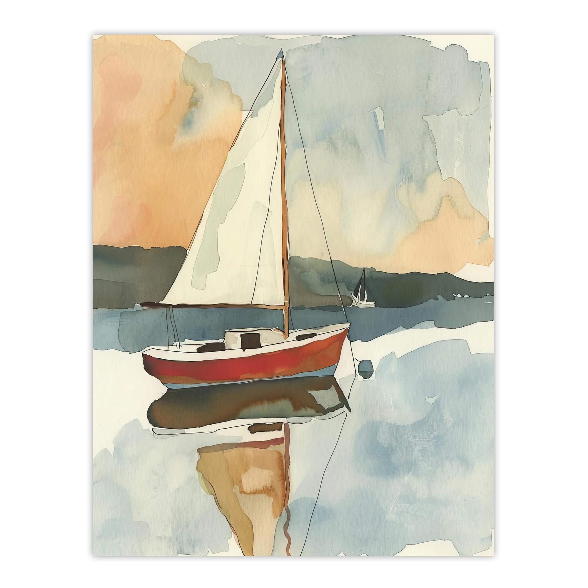 Artery8 Watercolour Wall Art Print - Sailboat in Tranquil Sea Harbour - Blue - W18" x H24"