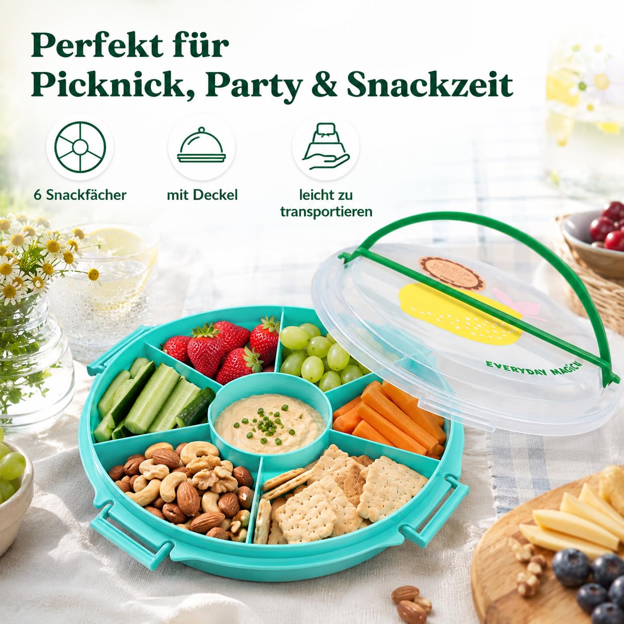 Rice Snackbox mit Fächern rund, Servierplatte mit Deckel, Türkis Zitrone | Snackbox mit 6 Fächern, Deckel und Zitronendesign - ideal für Obst, Dips, Picknick, Party und Brunch.