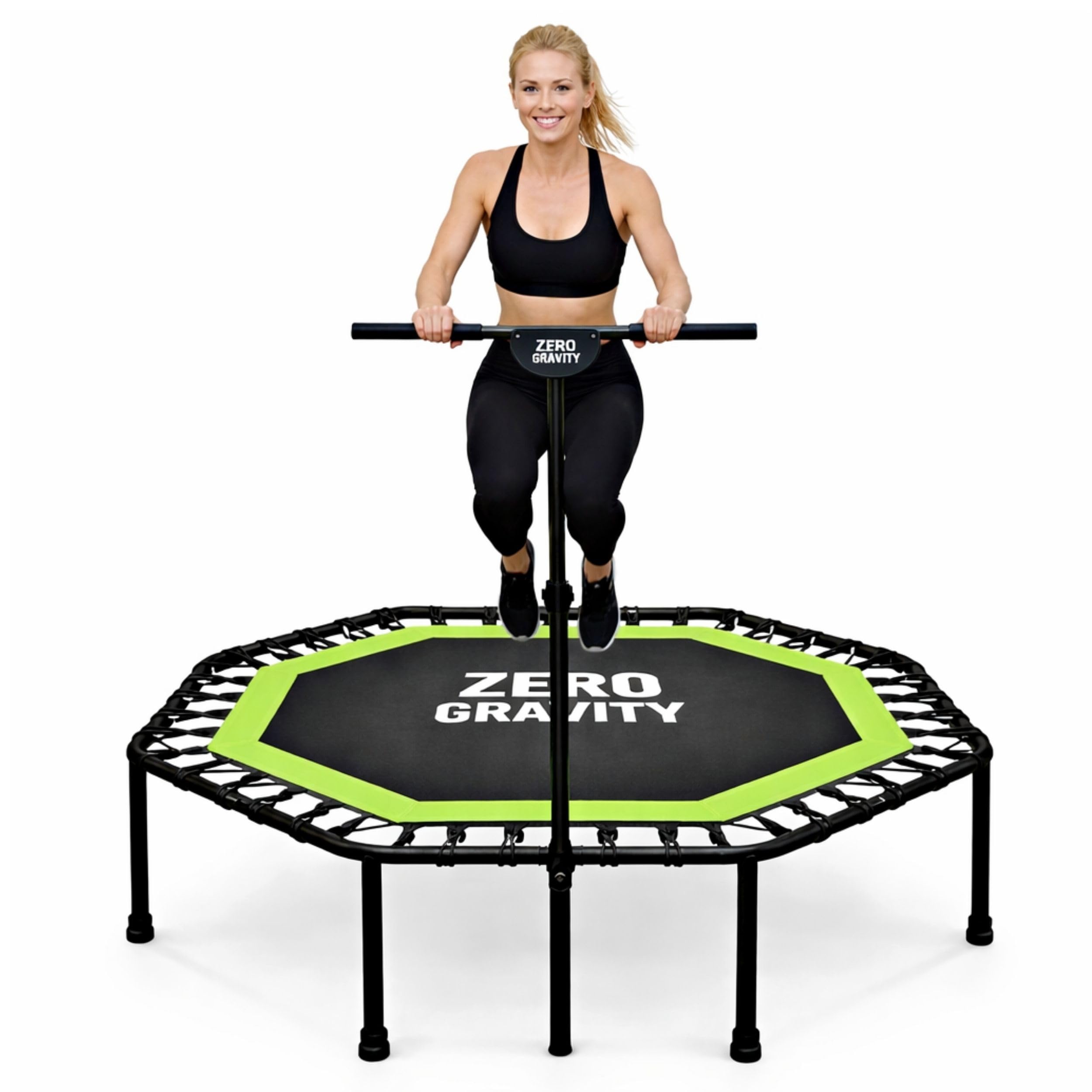 Zero Gravity Fitness Trampolin für Zuhause • Extra große Sprungfläche ideal für Jumping Fitness •Stabiles achteckiges Indoor Trampolin mit Haltegriff • Hochwertige Bungeeseilfederung • Bis 130 kg