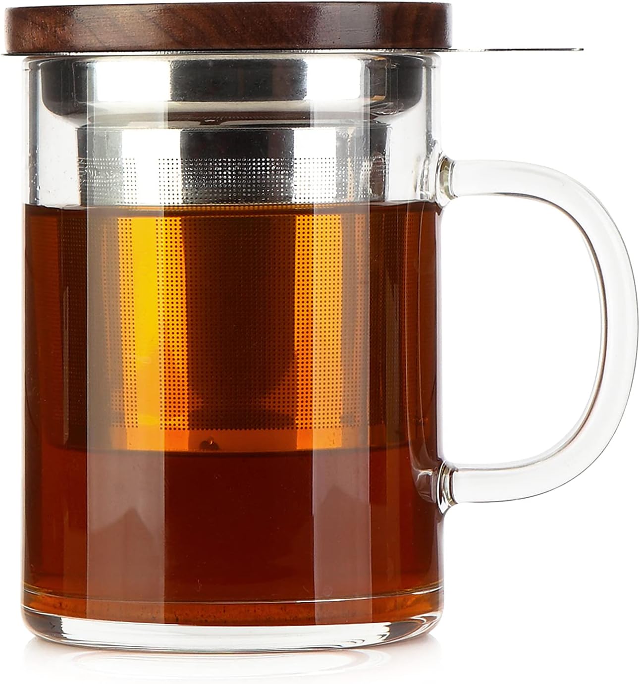 - Tea Cup with Infuser Walnut Lid&Handle, Glass Tea Cups with Wide Mouth Extra Large Capacity, Stainless Steel Tea Infuser Mug for Loose Leaf Tea Steeping(14oz/400ml)
