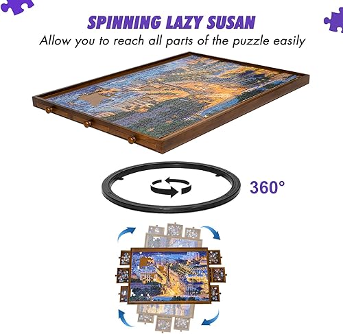 Miniatura 2 de Sunix Tablero de rompecabezas giratorio de 1500 piezas con 6 cajones y cubierta, mesa de rompecabezas de madera portátil de 36 x 26 pulgadas para