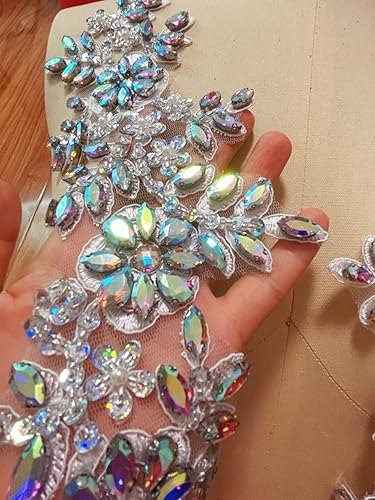 Miniatura 18 de 1 par de accesorios de apliques de encaje con diamantes de imitación, cuentas de vidrio, parches para decoración de vestidos de novia de niña