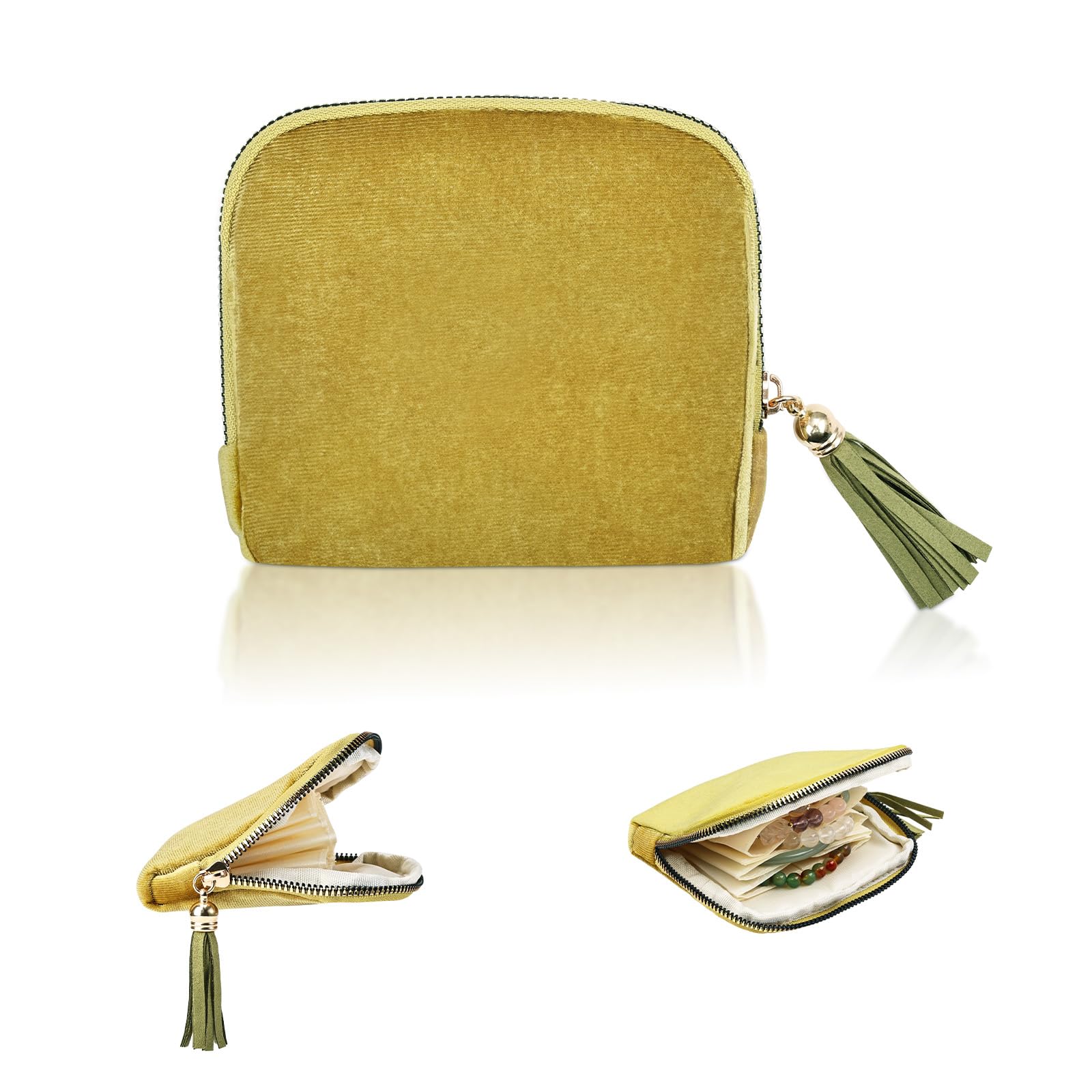 Petite Pochette de Transport Bijoux en Velours, Organisateur de Bijoux Portable 5 Compartiments – Boîte à Bijoux Trousse de Voyage pour Bagues, Boucles d’Oreilles et Colliers (Jaune Citron)