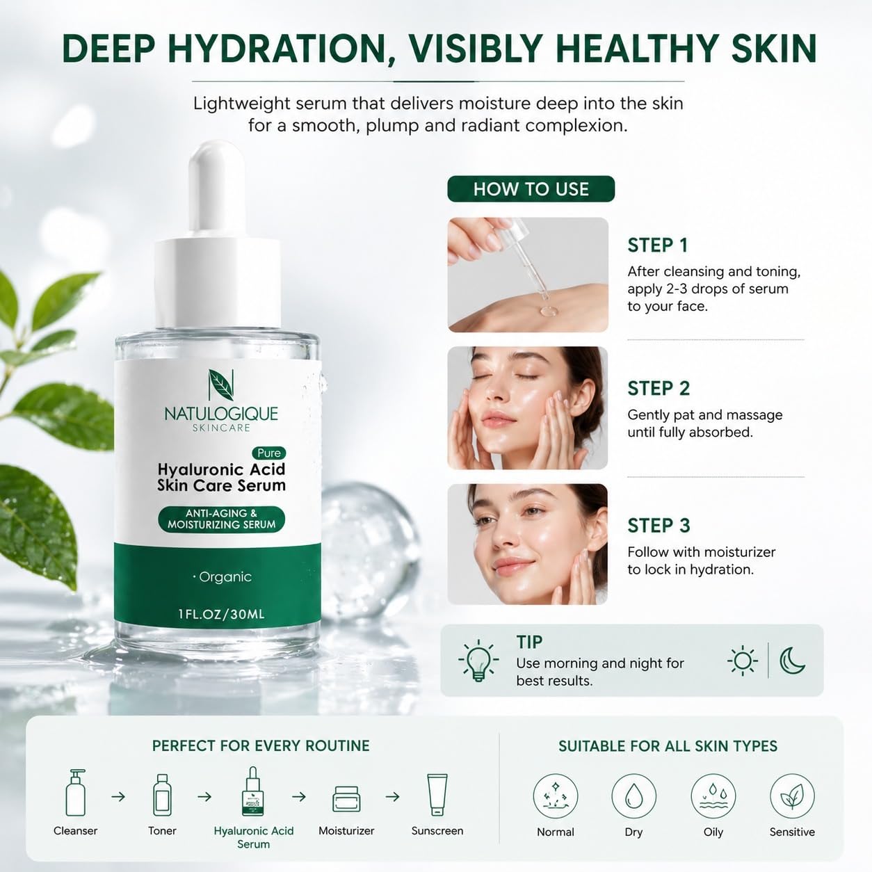 Hyaluronic Acid Serum for Face and Skin, Organic Anti-Aging Face Moisturizer for Fine Lines & Wrinkles – Vegan and Natural Skincare – 1oz (30ml) by Natulogique