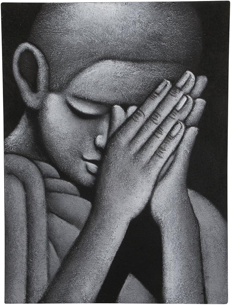 Lights and Linen Bali Painting Buddha Bowing Grey Canvas 60 x 80cm