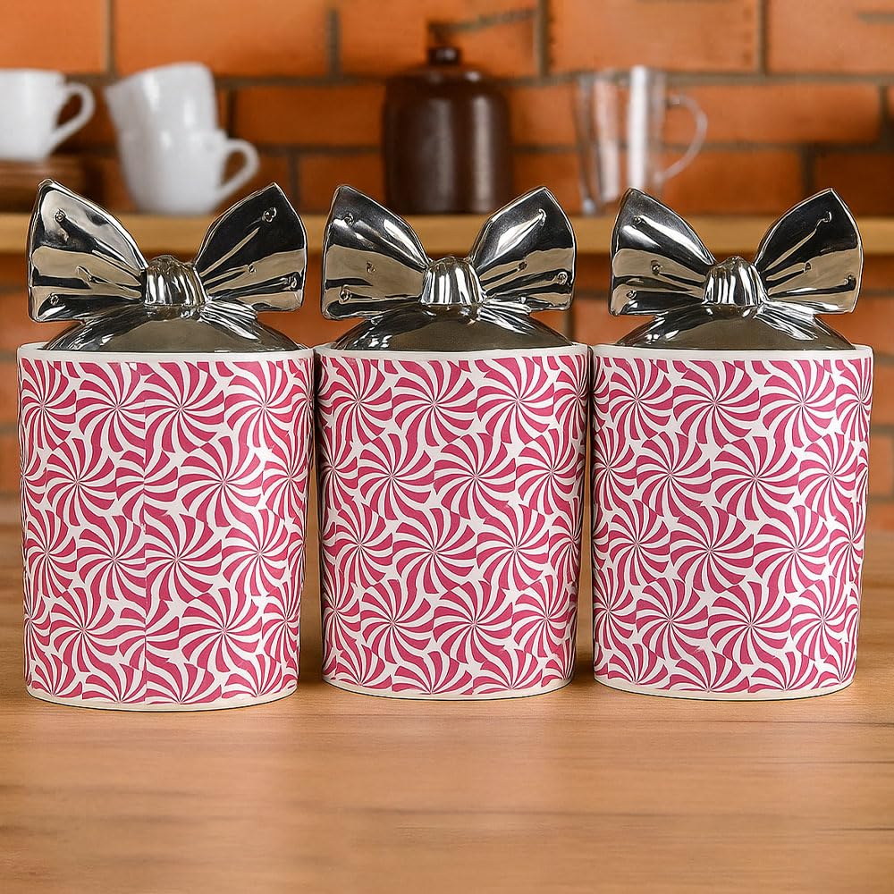 Bmlimited Pink Bml Ceramic Tea Coffee Sugar Canister Set Swirl Design With Silver Bow Lids Decorative Jars For Modern Kitchen Countertop (Pink)
