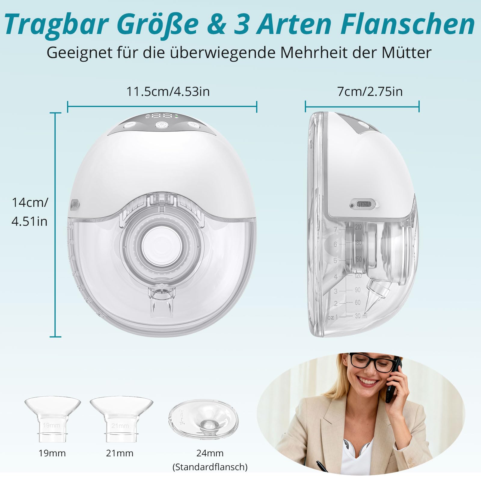 Doppelmilchpumpe Elektrische Freihändig Leise Abpumpen | 4 Modi & 12 Saugstufen, 210ml Breast Pump mit USB-Aufladung 19mm/21mm/24mm Flansch für Büro Reisen (Weiß)