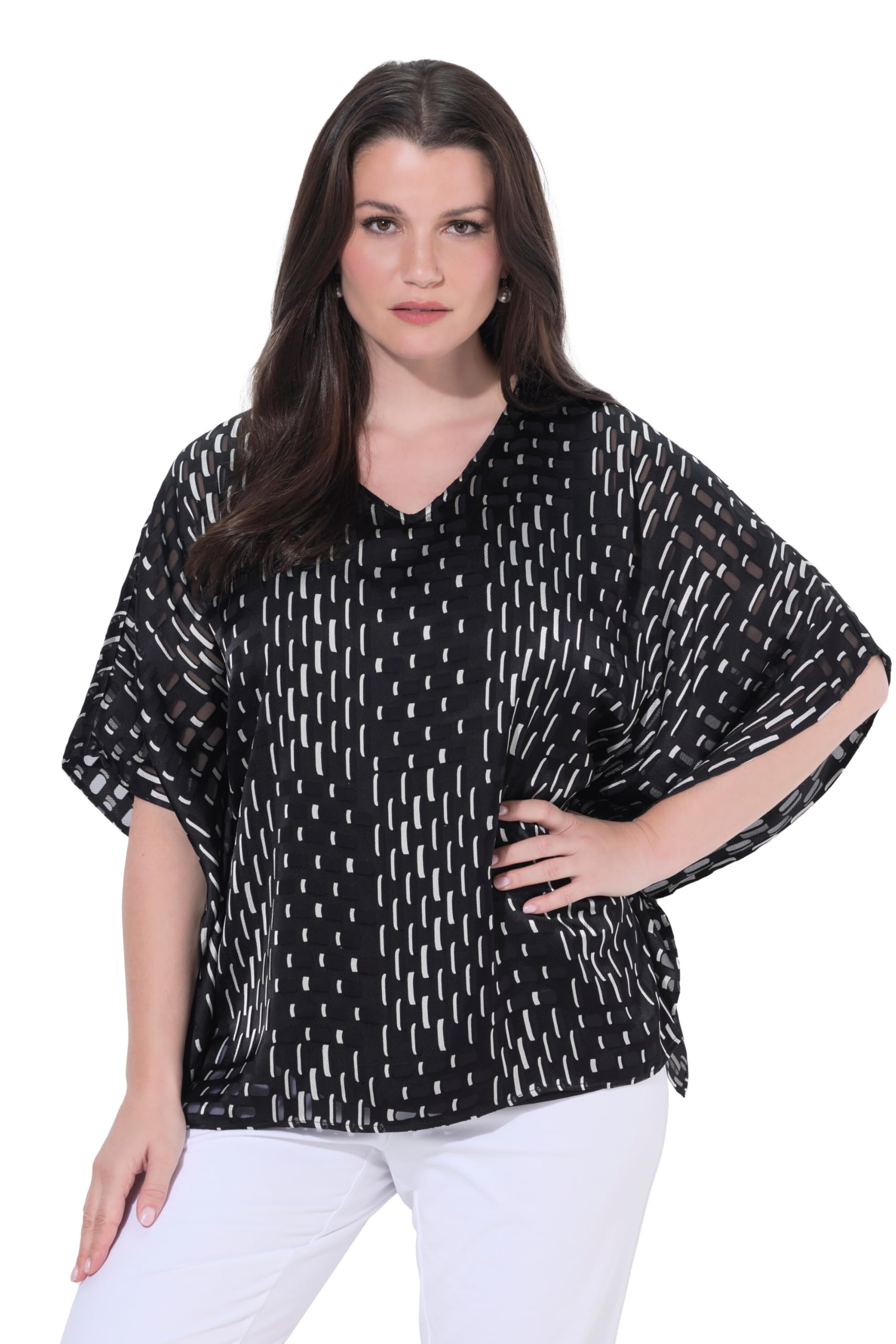 Ulla Popken Damen große Größen Übergrößen Plus Size Mesh-Bluse, doppellagig, Oversized, V-Ausschnitt, Halbarm 845071