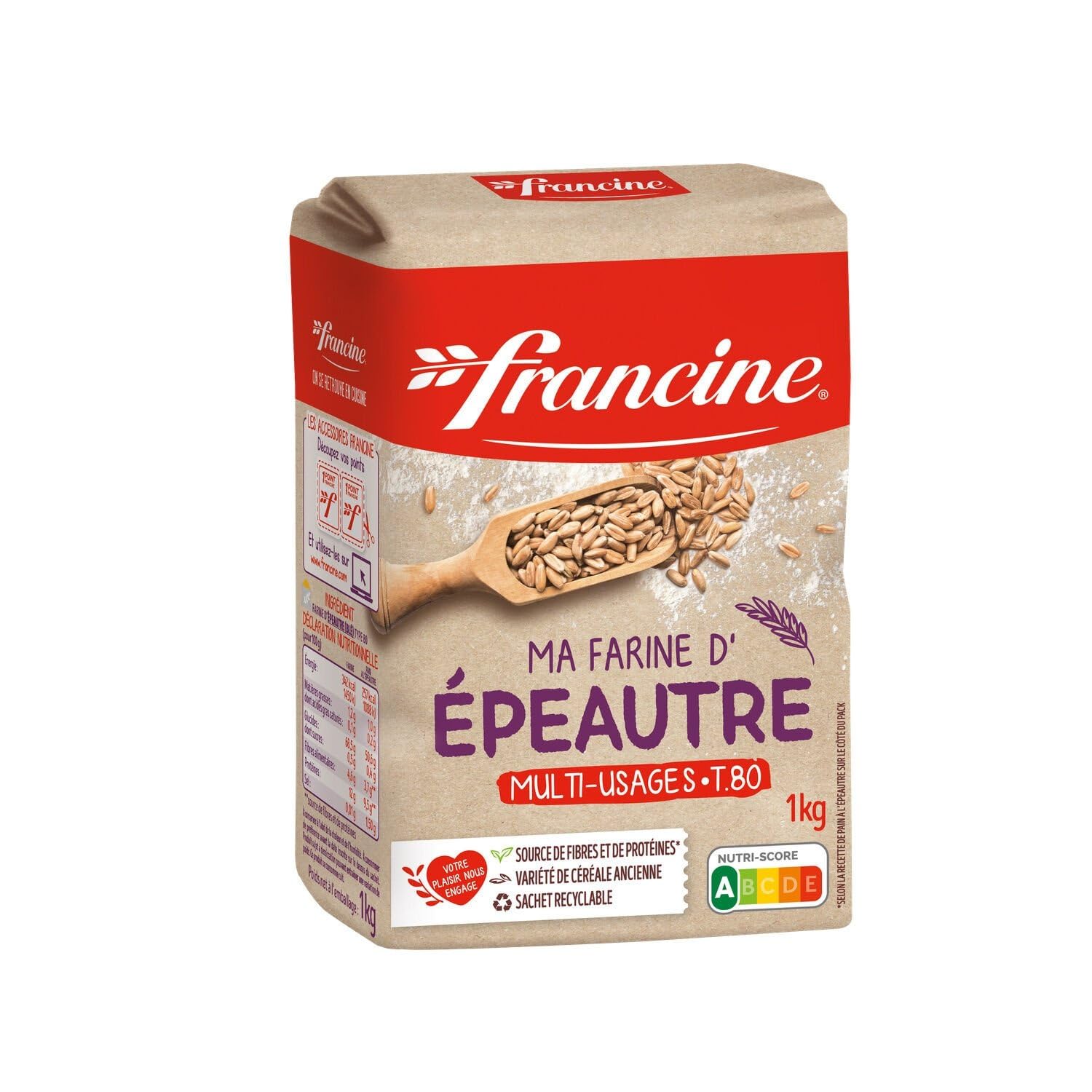 FRANCINE Farine d'Epeautre T80, 1kg, variété de céréale ancienne, source de fibres et de protéines, sachet recyclable - Lot de 3