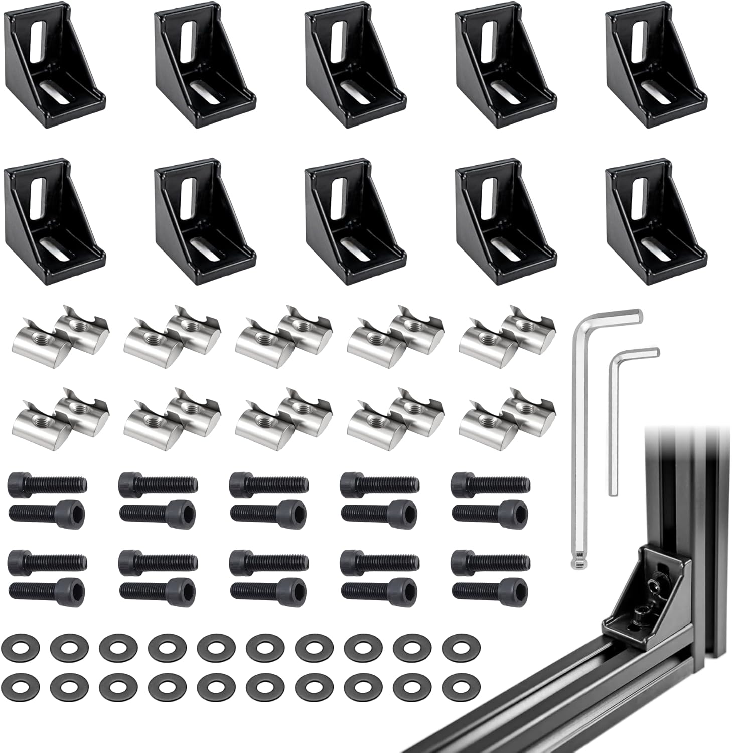 10 Sets Black 3030 Aluminum Extrusion Corner Bracket Kit – 10pcs Corner Brackets, 20pcs M6 Spring T-Nuts & Hex Screws, 1 Ball-End Hex Wrench – for 30 Series T Slot Extruded Aluminum Rail Hardware