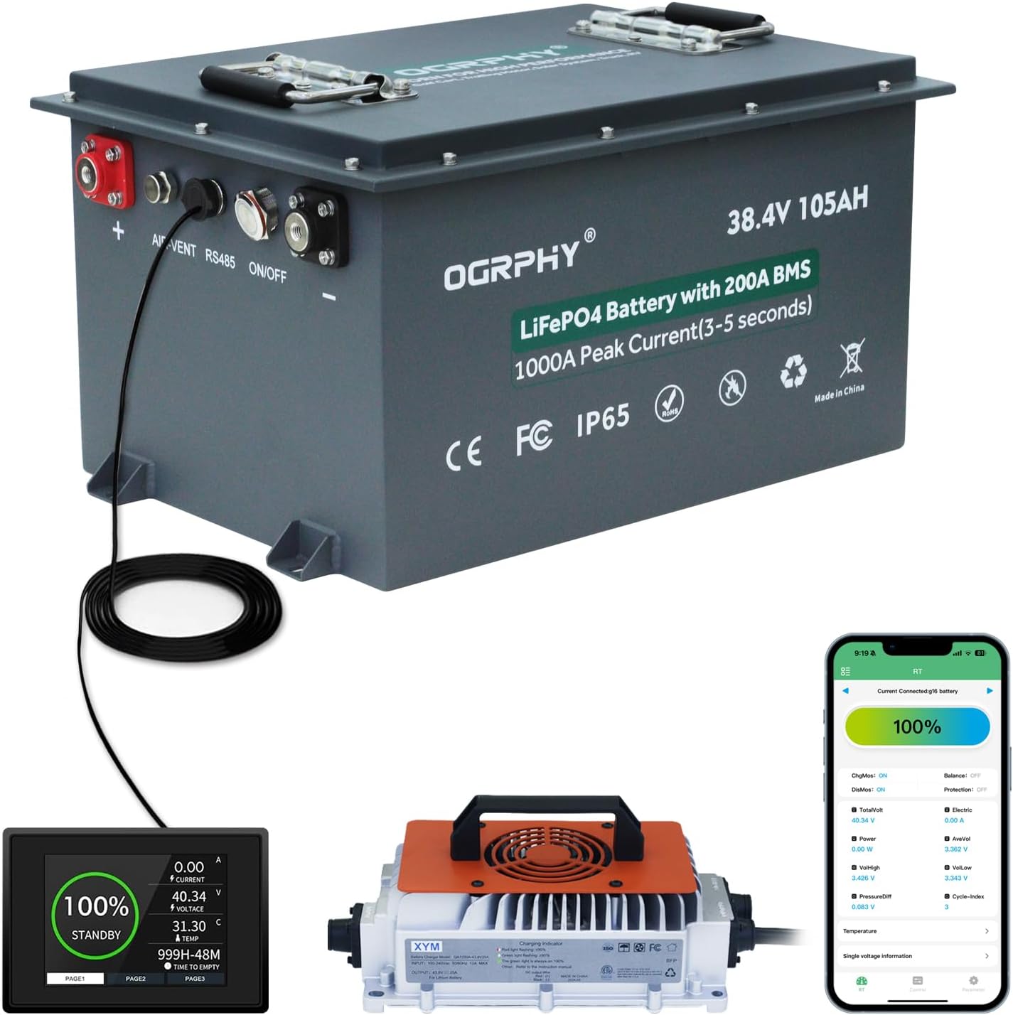 36V LiFePO4 golf cart battery with 200A BMS & touch monitor