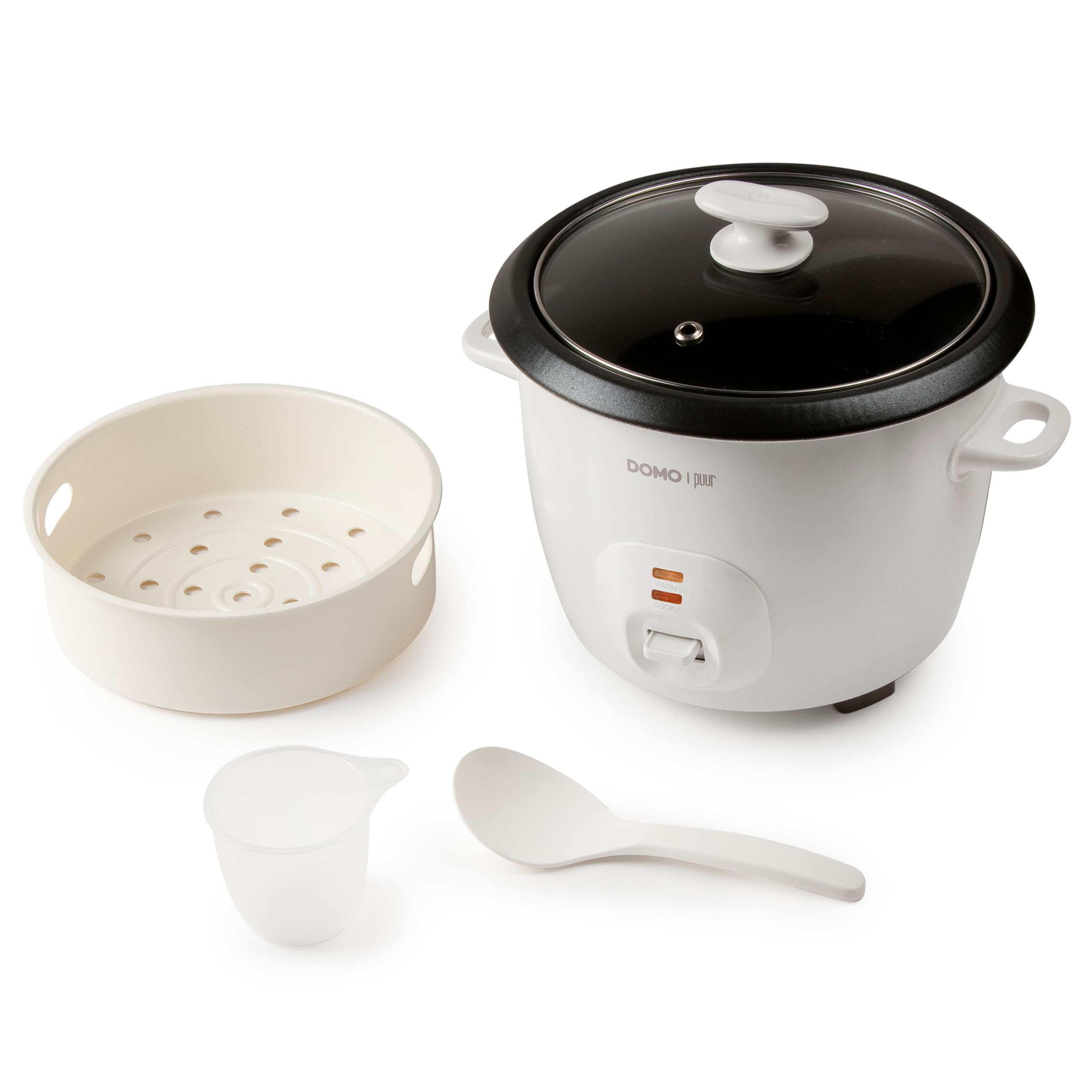 DOMO DO9176RK - Cuocere riso serie "Puur", per cucinare e mantenere al caldo, manici Cool touch, rivestimento antiaderente in teflon, con misurino, mestolo e cestello per vapore, 1,3 l, bianco