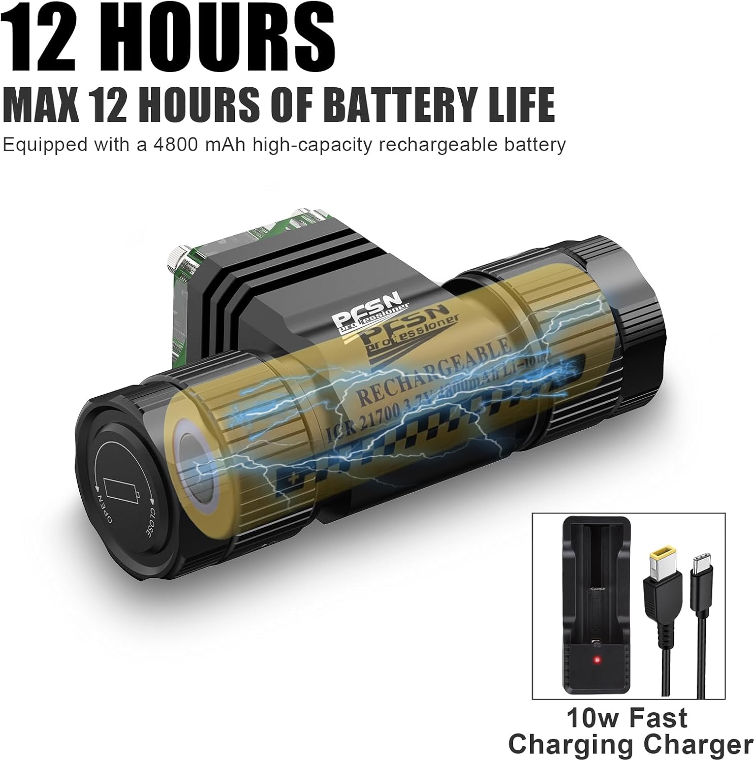 PFSN Professional LED Scuba Dive Light - Hands-Free 1196 Lumens, 200m Beam, IPX68 Waterproof, 4800mAh Rechargeable Battery, 3 Modes, Black