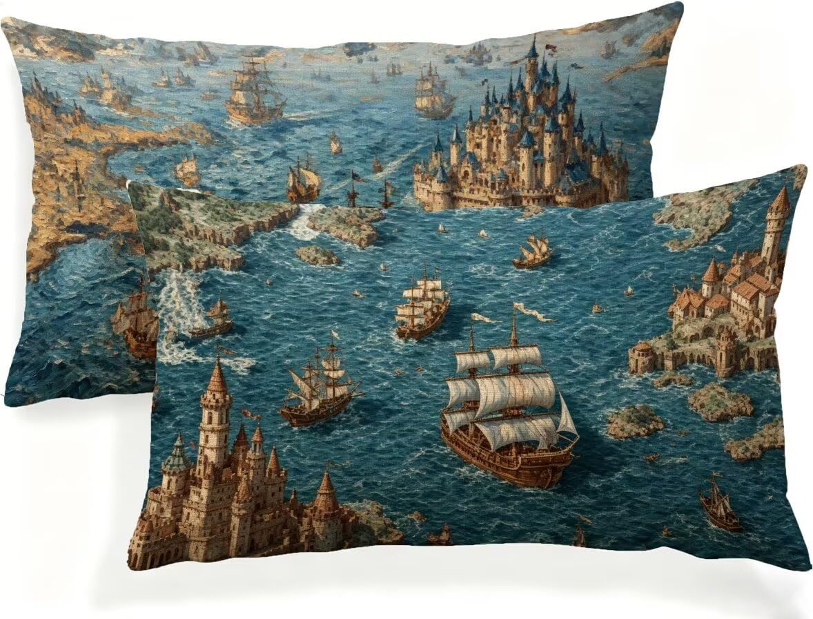 Housse de coussin en lin imperméable 60x30 style Château avec zip invisible
