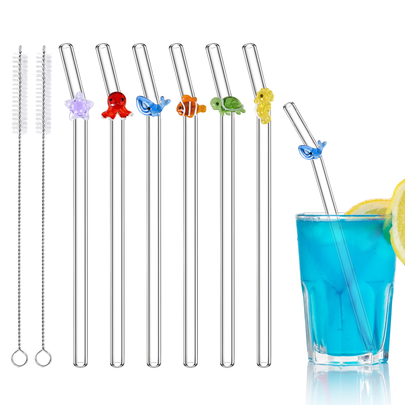 6 Pcs Cute Glass Straws Shatter Resistant with 2 Cleaning Brushes, Colorful Reusable Straw for Ocean Themed Party Decorations, Juice, Summer Beach, Birthday Party(Sea Animal)