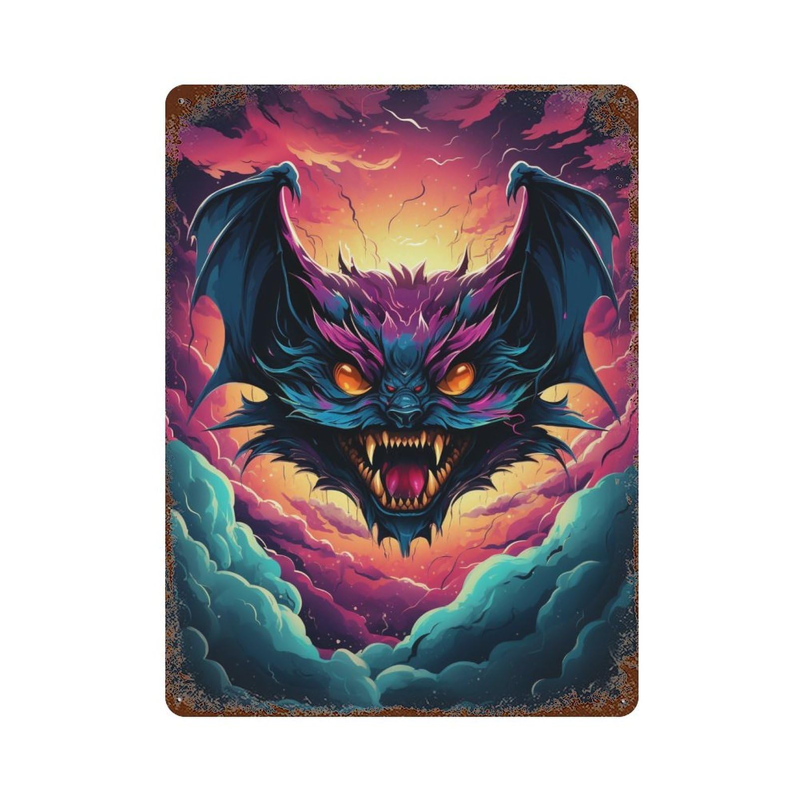 Fiery Demon Bat Artwork -1 Aged Metal Wall Plaque 15.7"x11.8", for Shed, Workshop And Garage Wall Decor, Old School Wall Decor