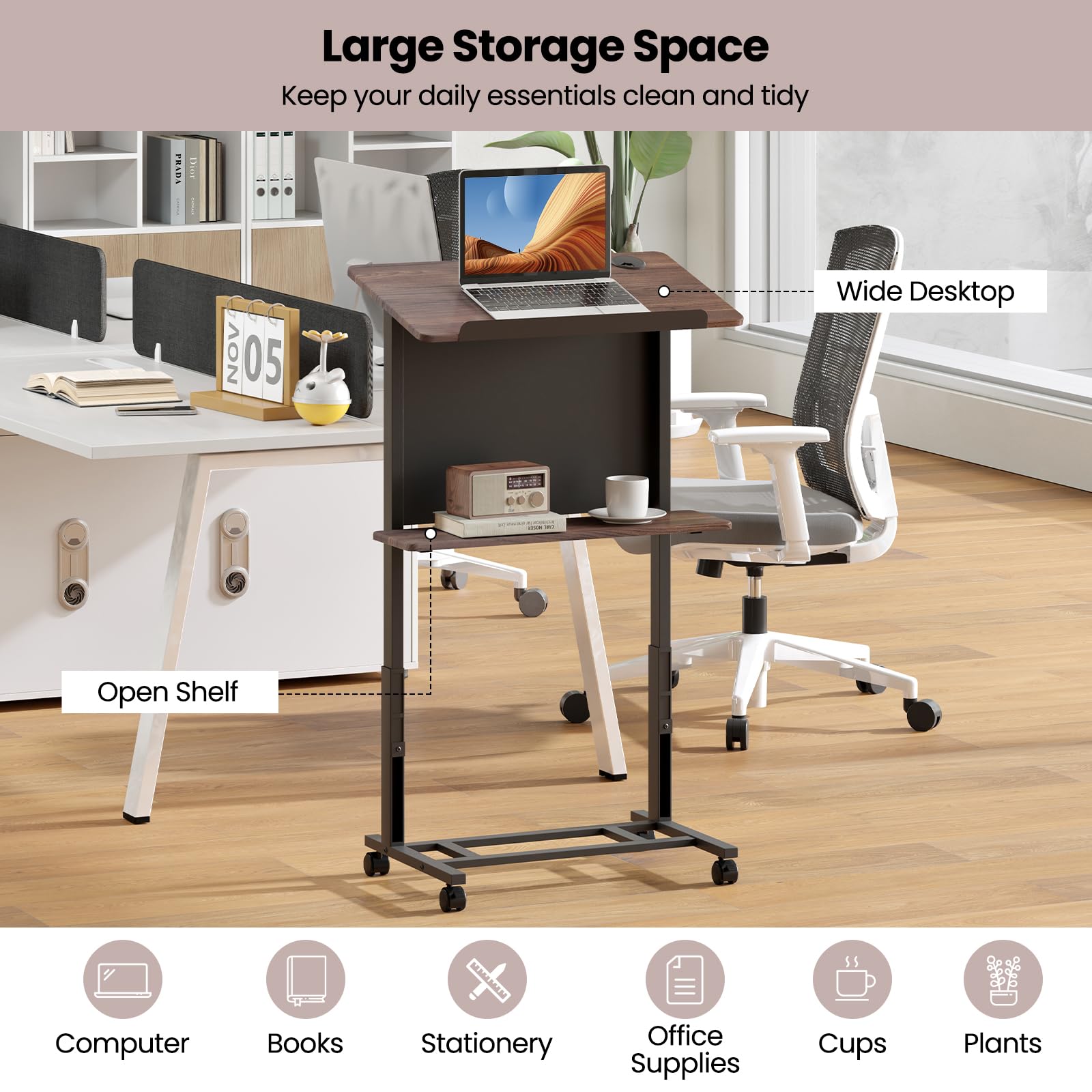 GIANTEX Rednerpult 103-125cm höhenverstellbar, 70 x 42cm Laptoptisch mit 4 Rollen & neigbarer Tischplatte, Mobiler Rednerstand mit Ablage, für Kirche, Klassenzimmer, Konferenz