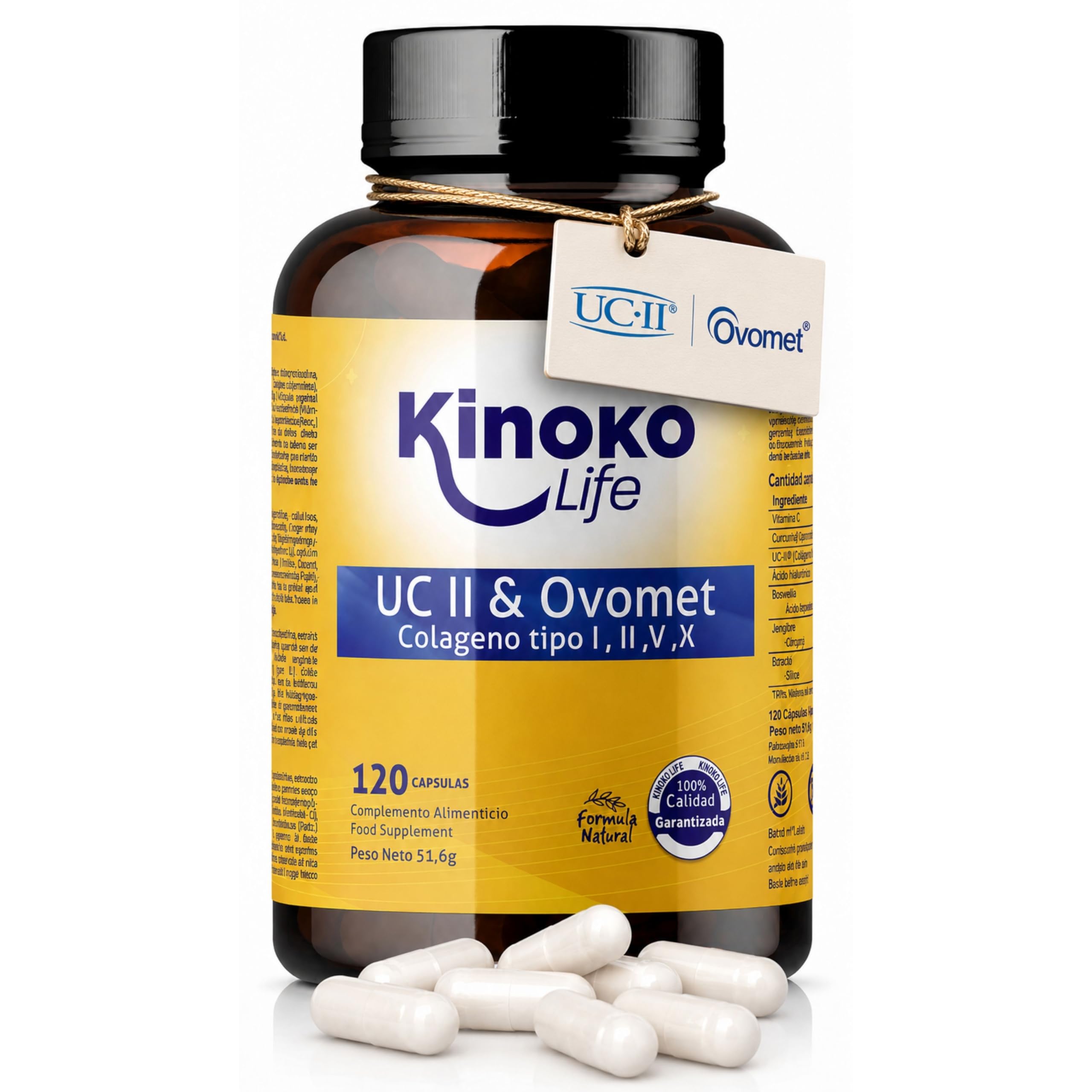 Colágeno Tipo 2 UC II y Ovomet 120 Cápsulas con Ácido Hialurónico, Vitamina C, Boswellia, Jengibre y Silicio