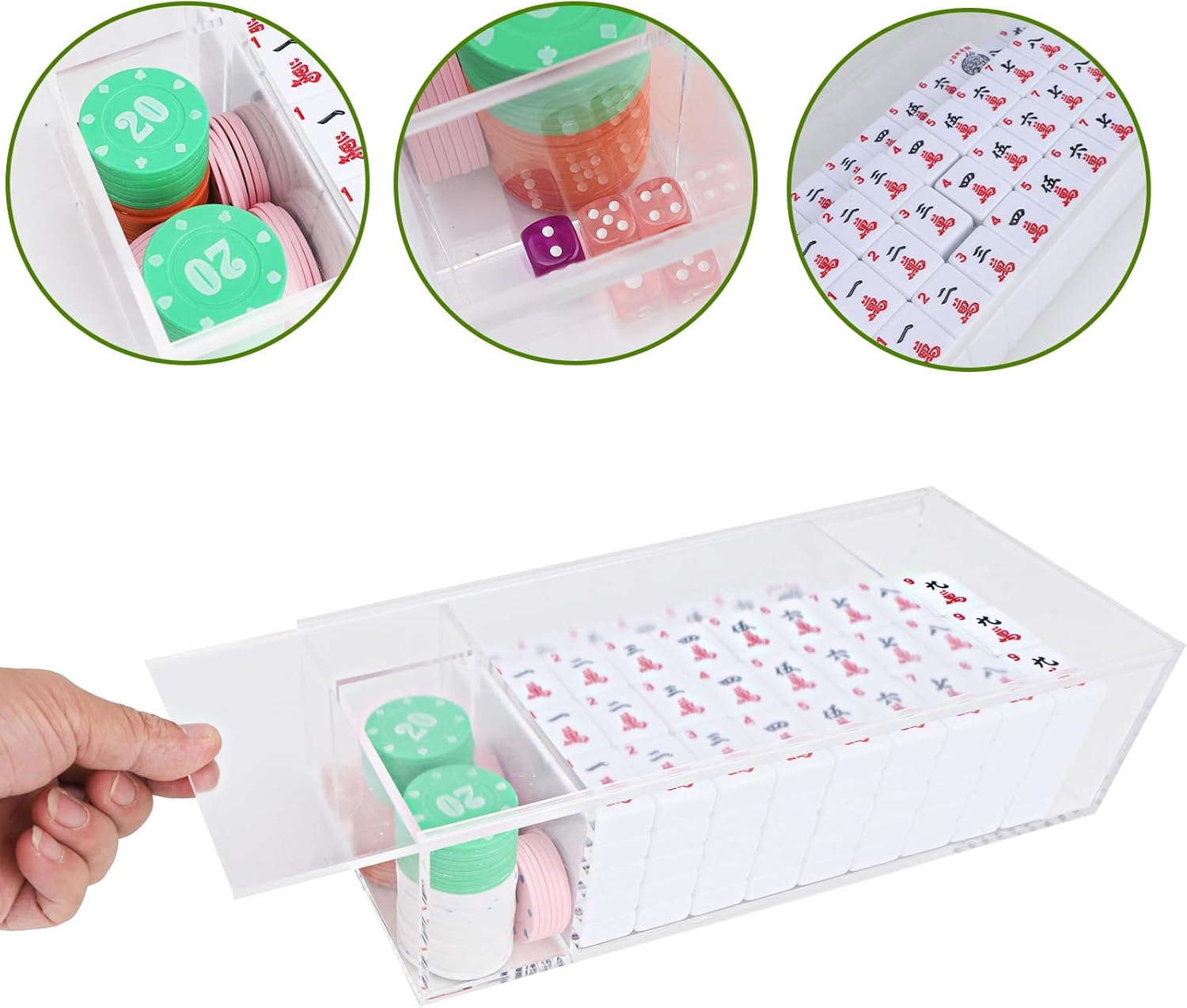 Multi-functionalEmpty Acrylic Mahjong Case for 1.2 x 0.9 x 0.5 Inch Tiles, Fits 200 Mahjong Tiles, Clear Display and Storage Box, for Home, Travel, and Social Gatherings, Case Only