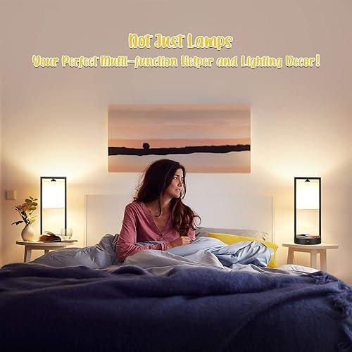 Miniatura 2 de TOBUSA Juego de 2 lámparas de mesa con control táctil de carga inalámbrica, lámparas de mesita de noche de noche, pantalla de tela blanca, modernas