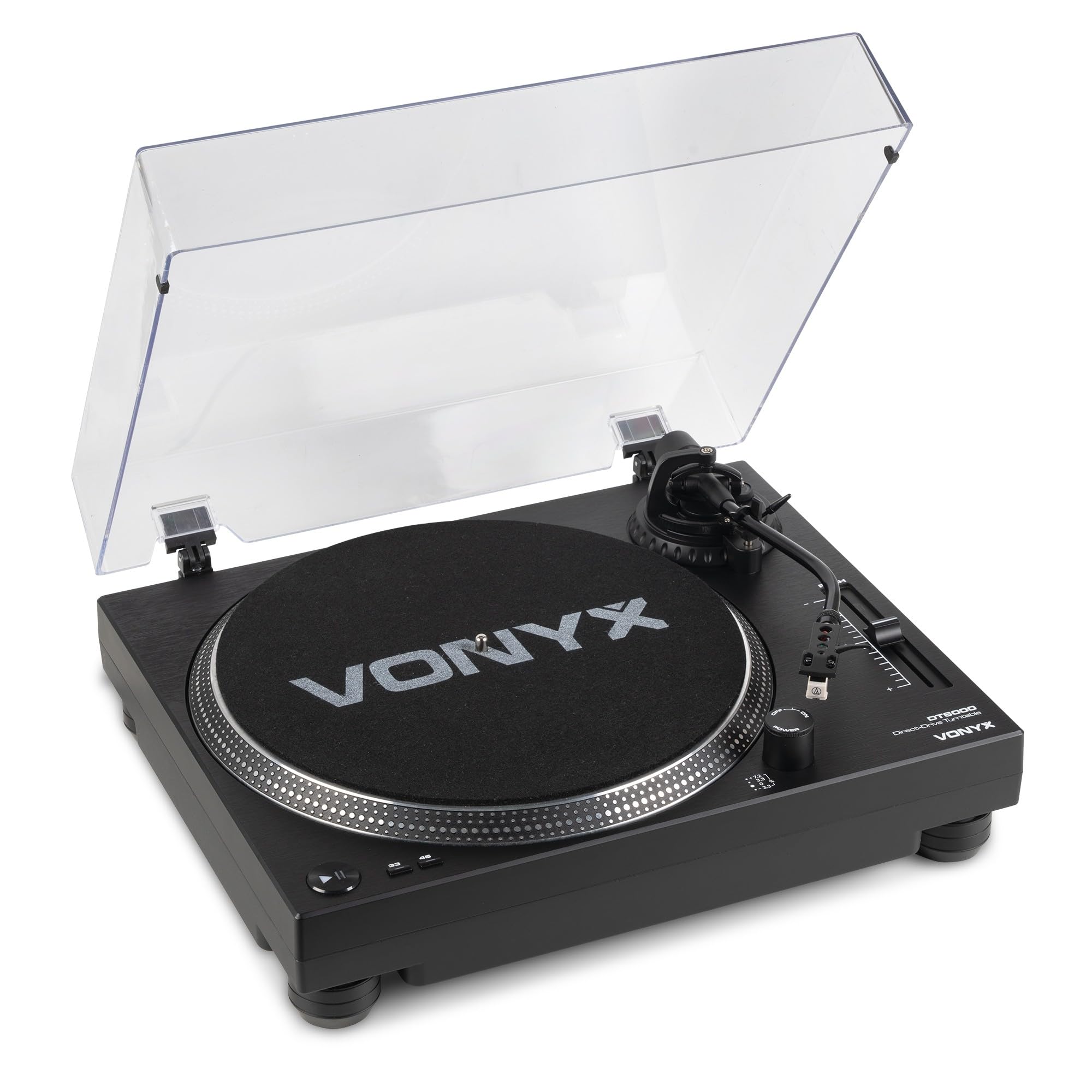 Vonyx DT6000 Platine Vinyle DJ Direct Drive avec Cellule Audio-Technica, Entrainement Direct 33/45 Tours pour Mix et Scratch