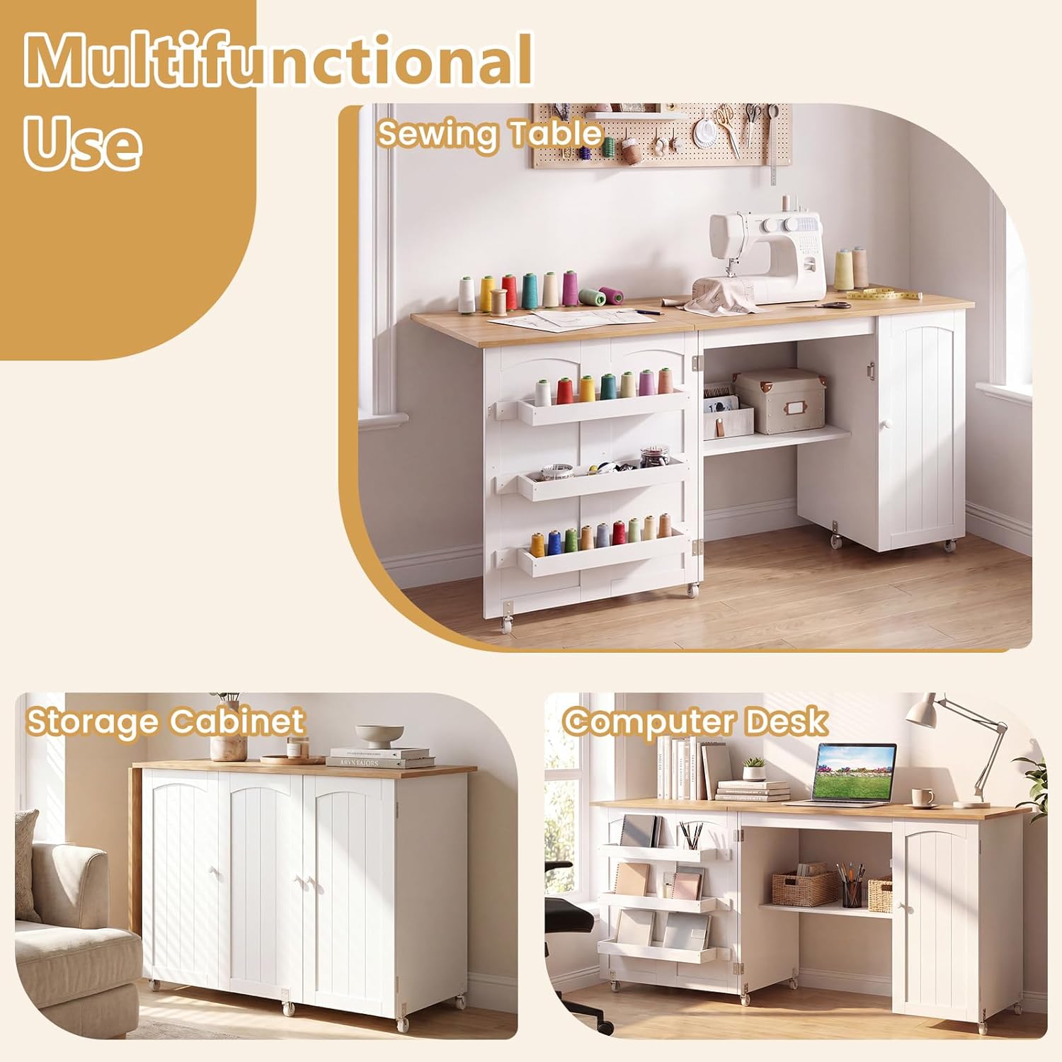 Giantex Folding Sewing Table 62.5", Rolling Craft Table Station with Storage Cabinet & Shelves, Foldable Sewing Machine Cabinet Desk with Lockable Wheels for Small Spaces, Natural & White