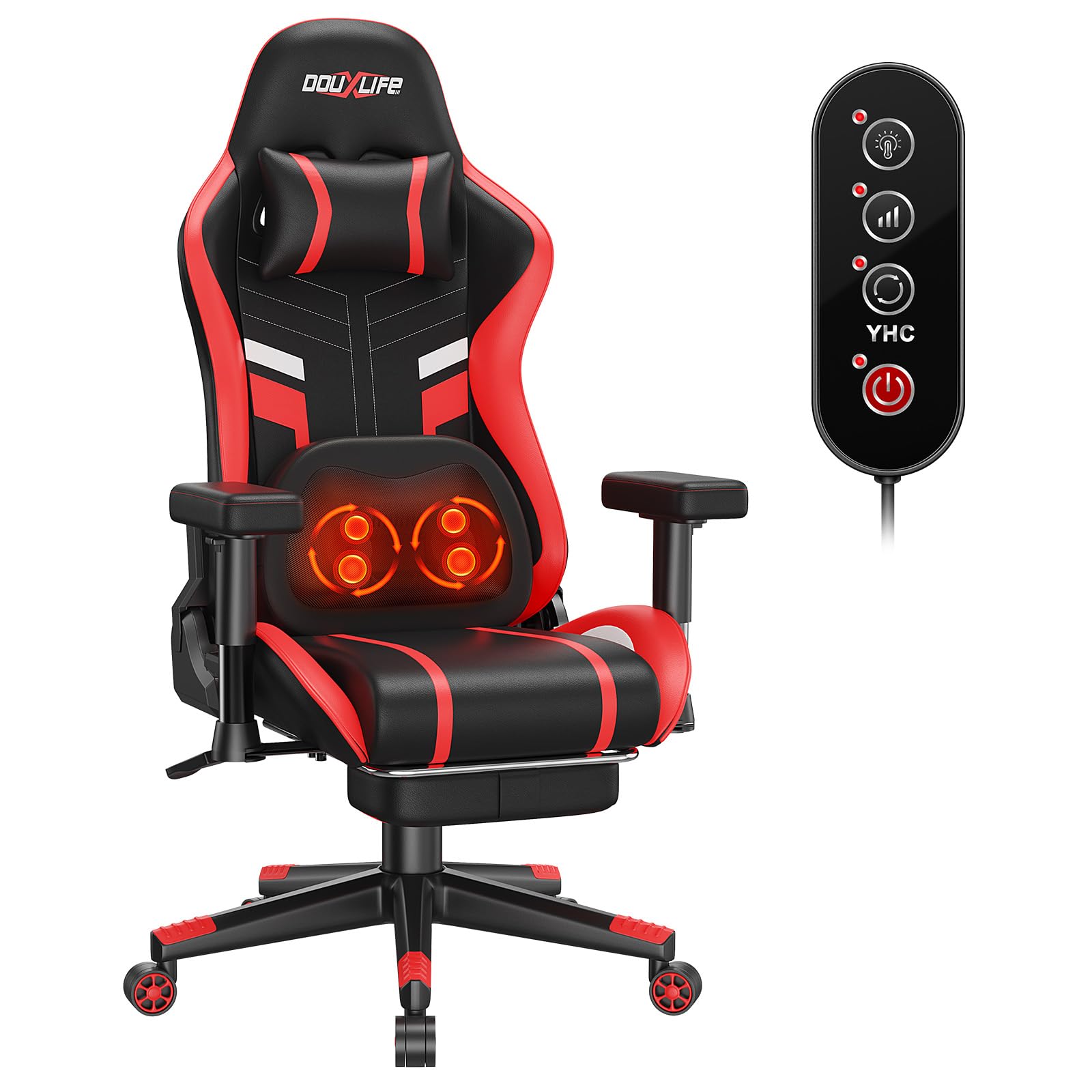 Douxlife Silla Gaming con Masaje de Amasado y Calefacción, Silla Ergonómica para Oficina, Reclinable de 90°-175°, Reposabrazos Ajustables Acolchados en 2D, Capacidad de Carga 181 Kg, Rojo