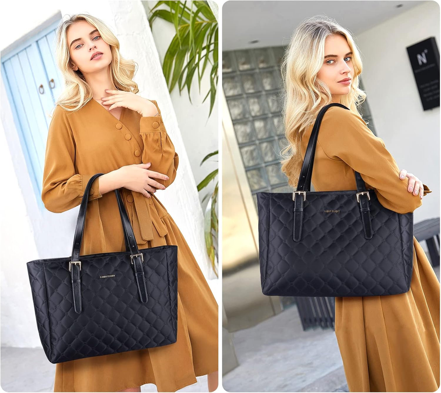 LIGHT FLIGHT Tote Bag for Women, Large Shoulder Bag with Laptop Sleeve Fits 15.6 Inch Business Handbag,2pcs Set for Work,School,Black