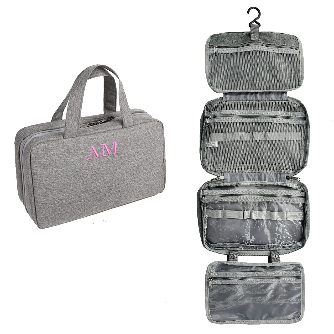 Personalized Toiletry Bag for Women,Makeup Traveling Organizer Bag,Travel Essentials Organizer with Hanging Hook, Water-resistant Cosmetic Bag (Gray)