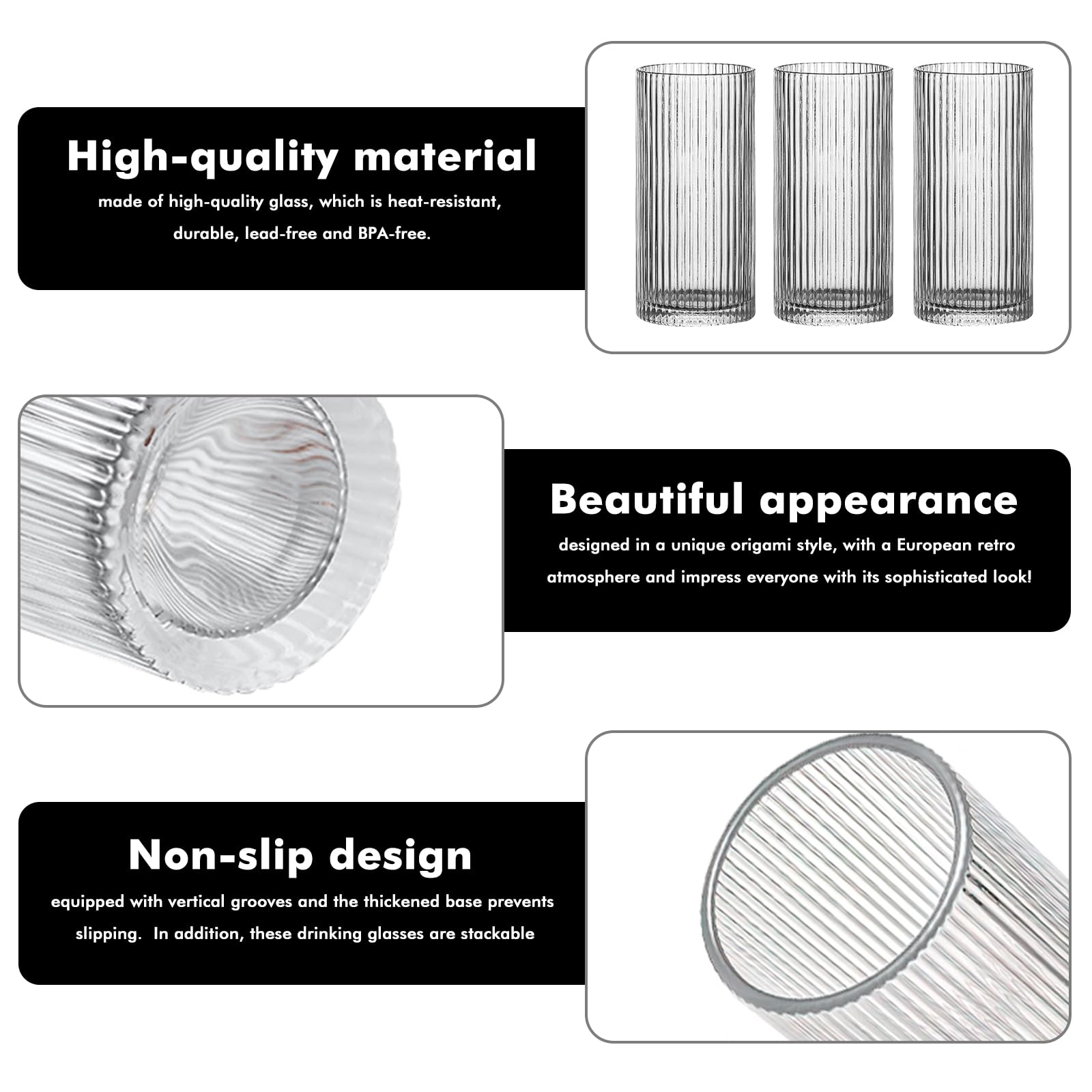 Set di 4 bicchieri lunghi drink scanalati da 360 ml: tazze da caffè, bicchieri in vetro trasparente, vetro di alta qualità, tazze da caffè per tè, latte, whisky, succhi, mojito