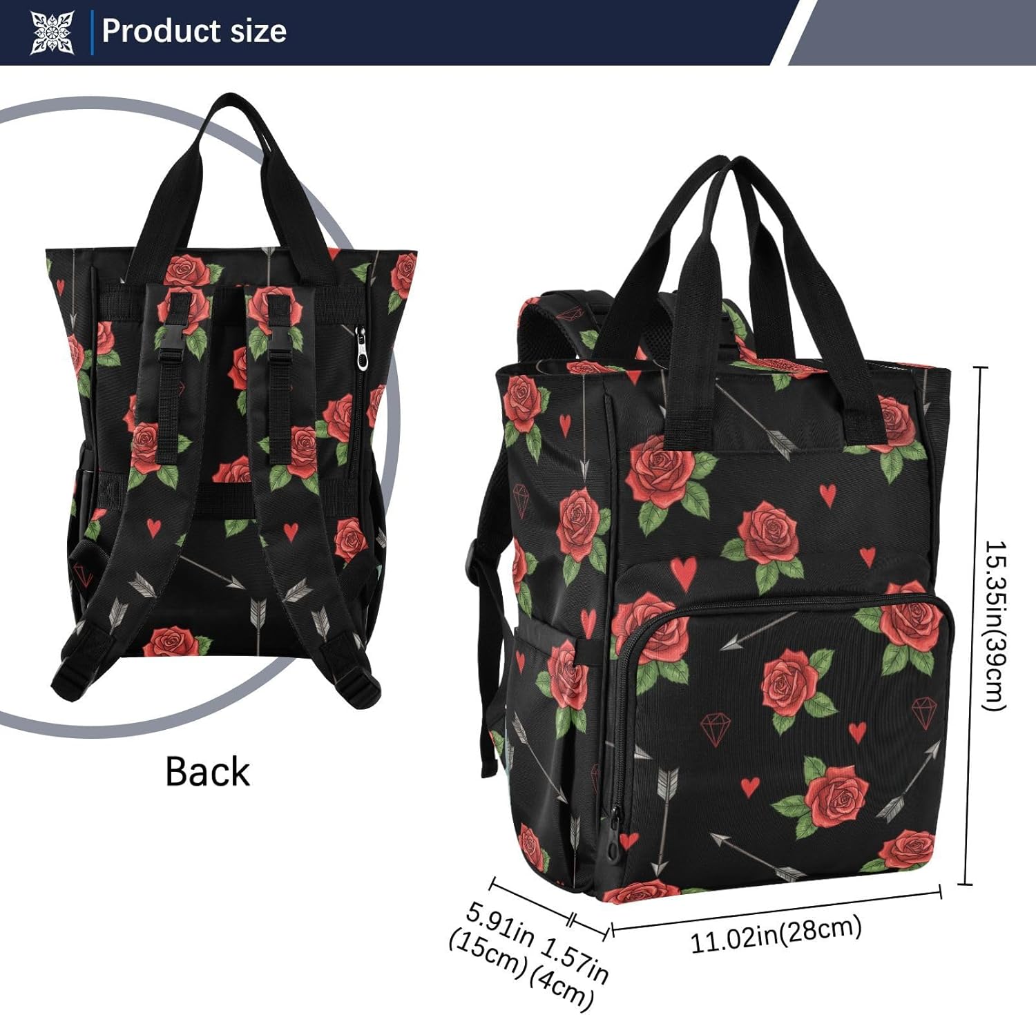 Valentines Roses Arrows Black Pattern Diaper Bag Backpack for Baby Boys Girls Multifunction Baby Essentials Travel Tote with Stroller Straps & Bottle Storage Large Travel Diaper Backpack for Baby
