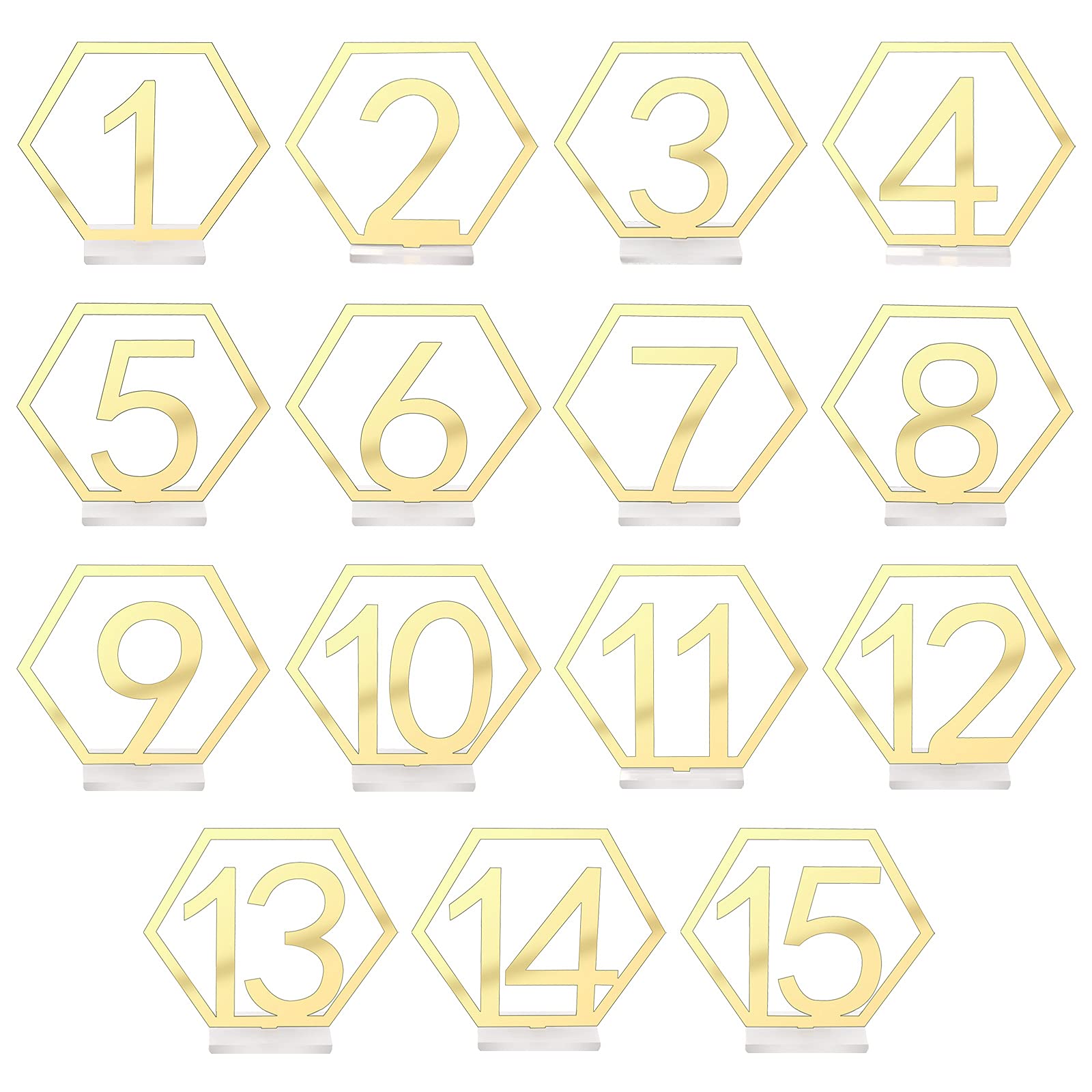 KINBOM 15 Piezas 1-15 Números de Mesa de Boda Restaurante con Titulares Acrílico Recorte Hexágono Mesas Centros para Decoración de Recepción (Dorado)