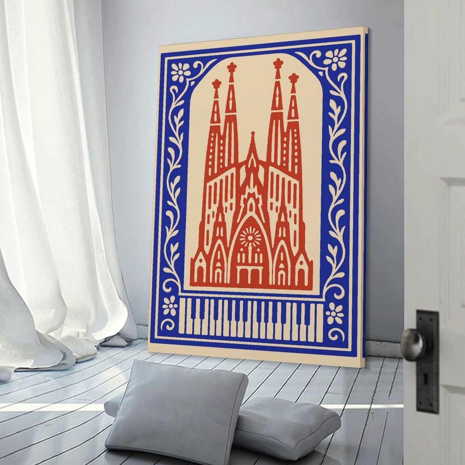 Junmoney Decorative Canvas Print Sagrada Familia Illustration with Floral Border, 20x30inch(50x75cm), for Entrance Spaces, Stair Walls Or Halls, A Neat Decor Update for Hallways