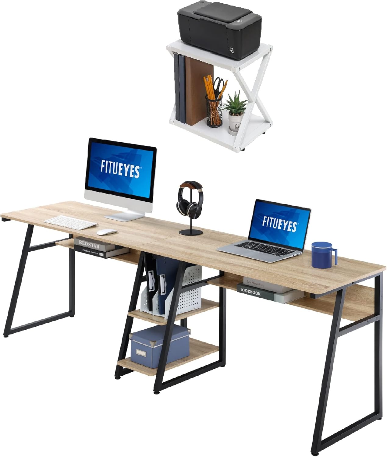 FITUEYES Computer Desk for Two Person with Printer Stand Desktop Wood